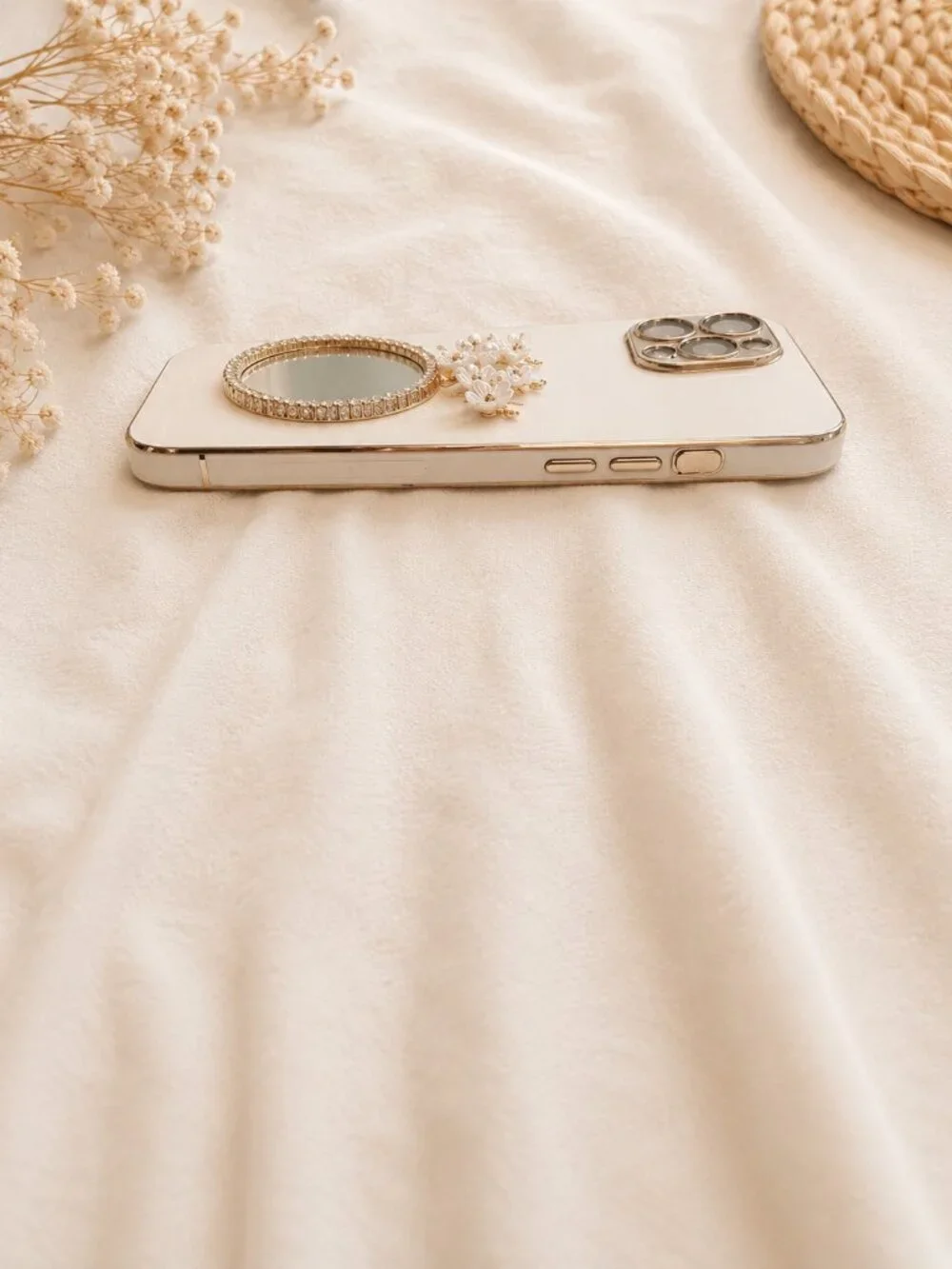 iPhone 12 Pro Max White & Gold Ring Holder Case | Elegant Mirror Phone Case